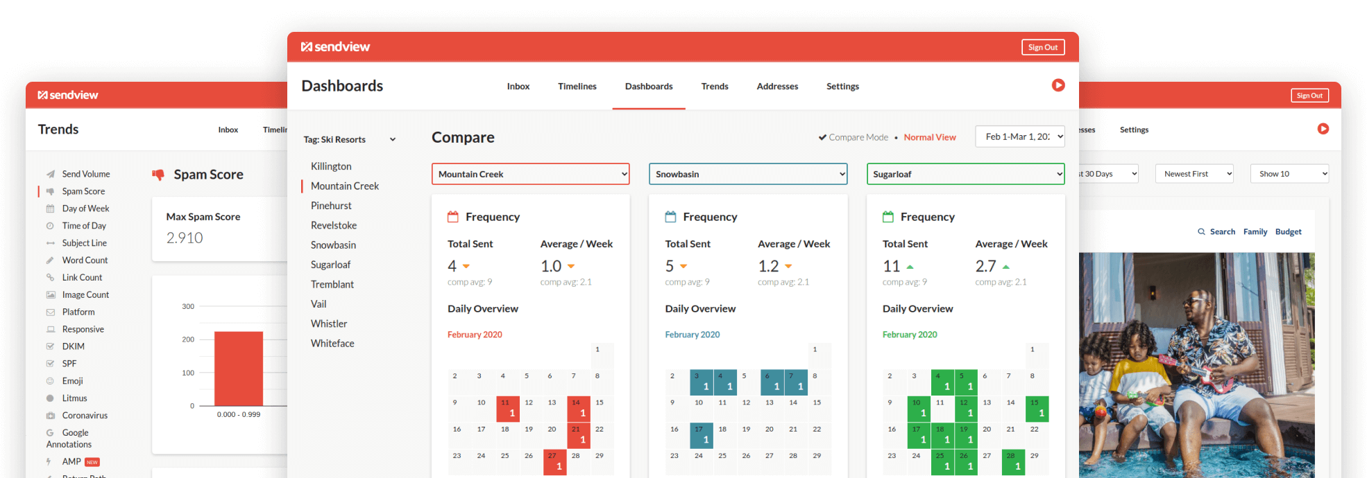 screenshots of SendView email competitor monitoring reports and dashboard