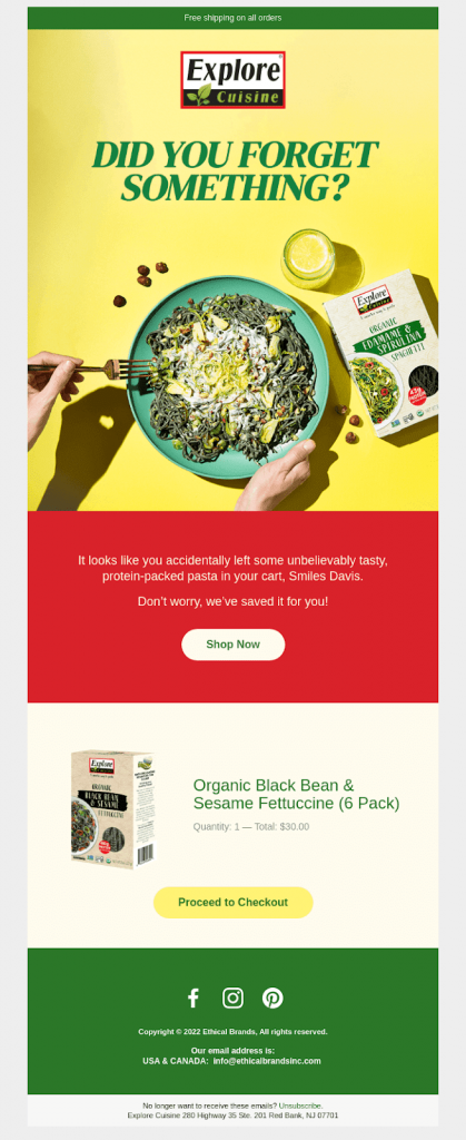abandoned cart email from explore cuisine's customer email journey
