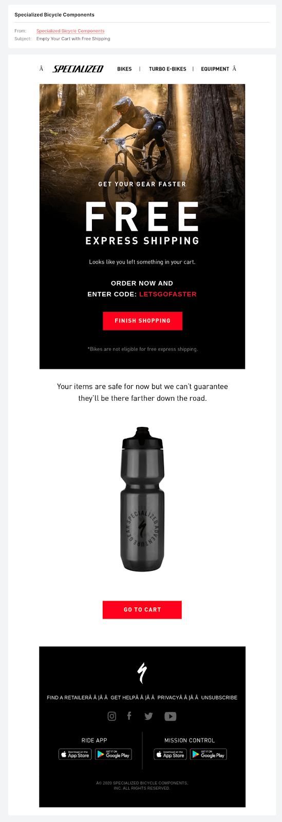 screenshot of specialized bicycles winback email