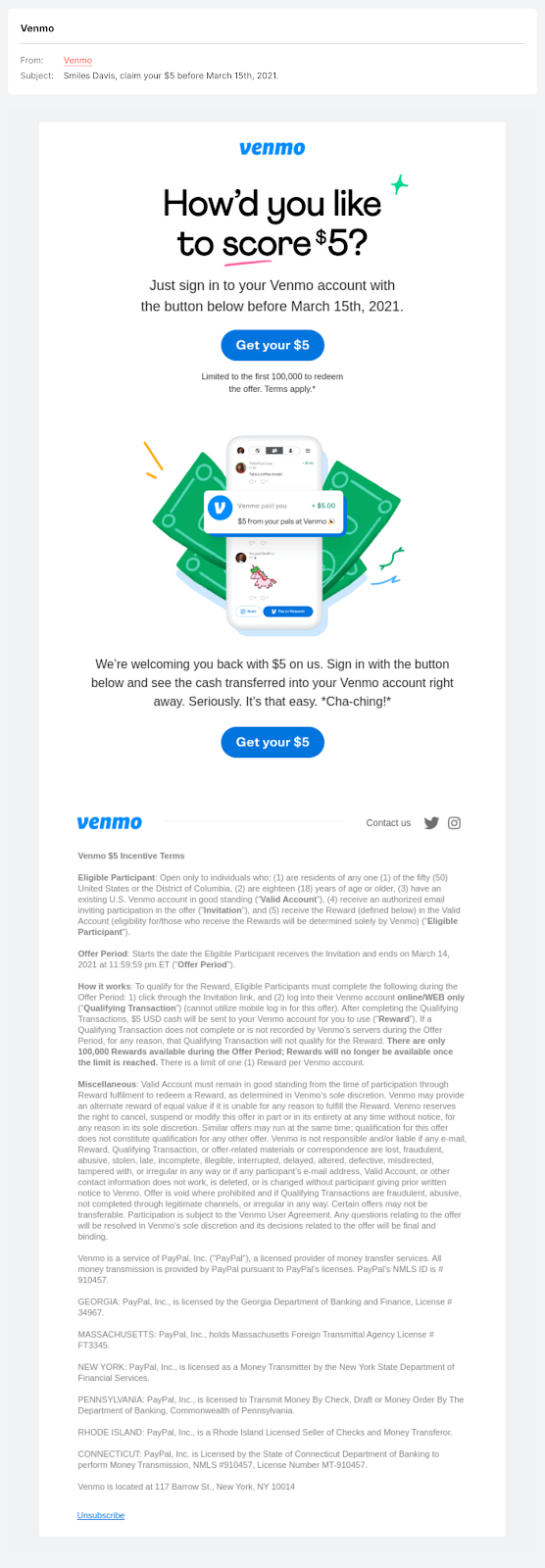 venmo winback email example with incentives
