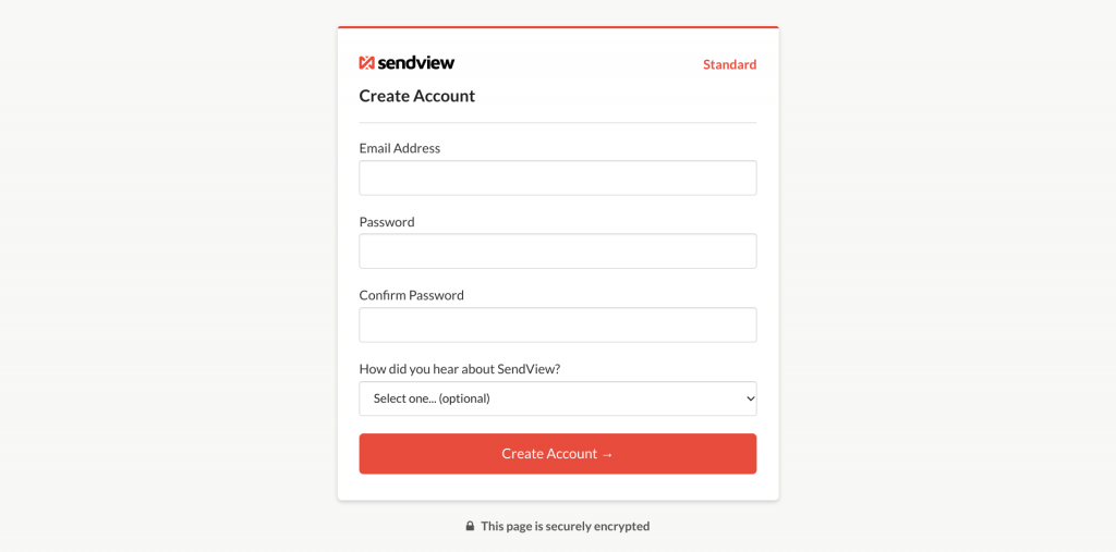 screenshot of sendview account creation screen