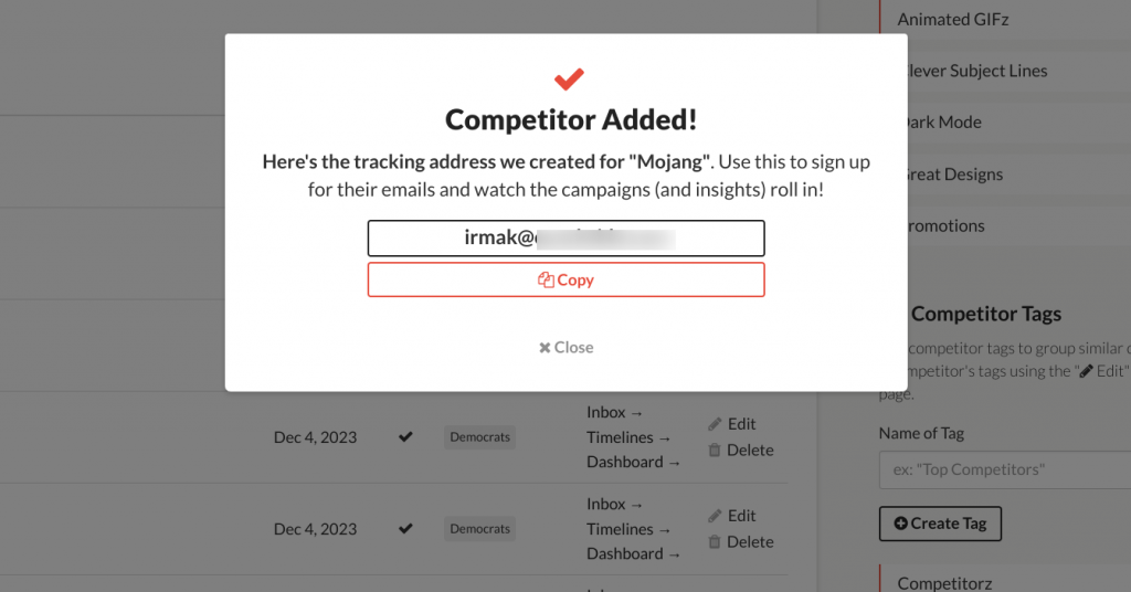 sendview competitor confirmation screen with custom email tracking address