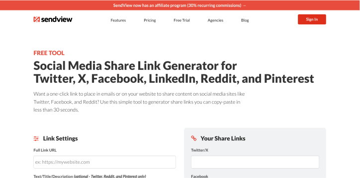 social share link generator for email tool screenshot