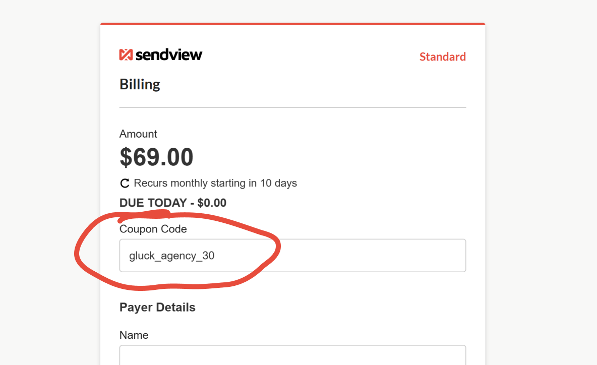 screenshot of sendview discount code