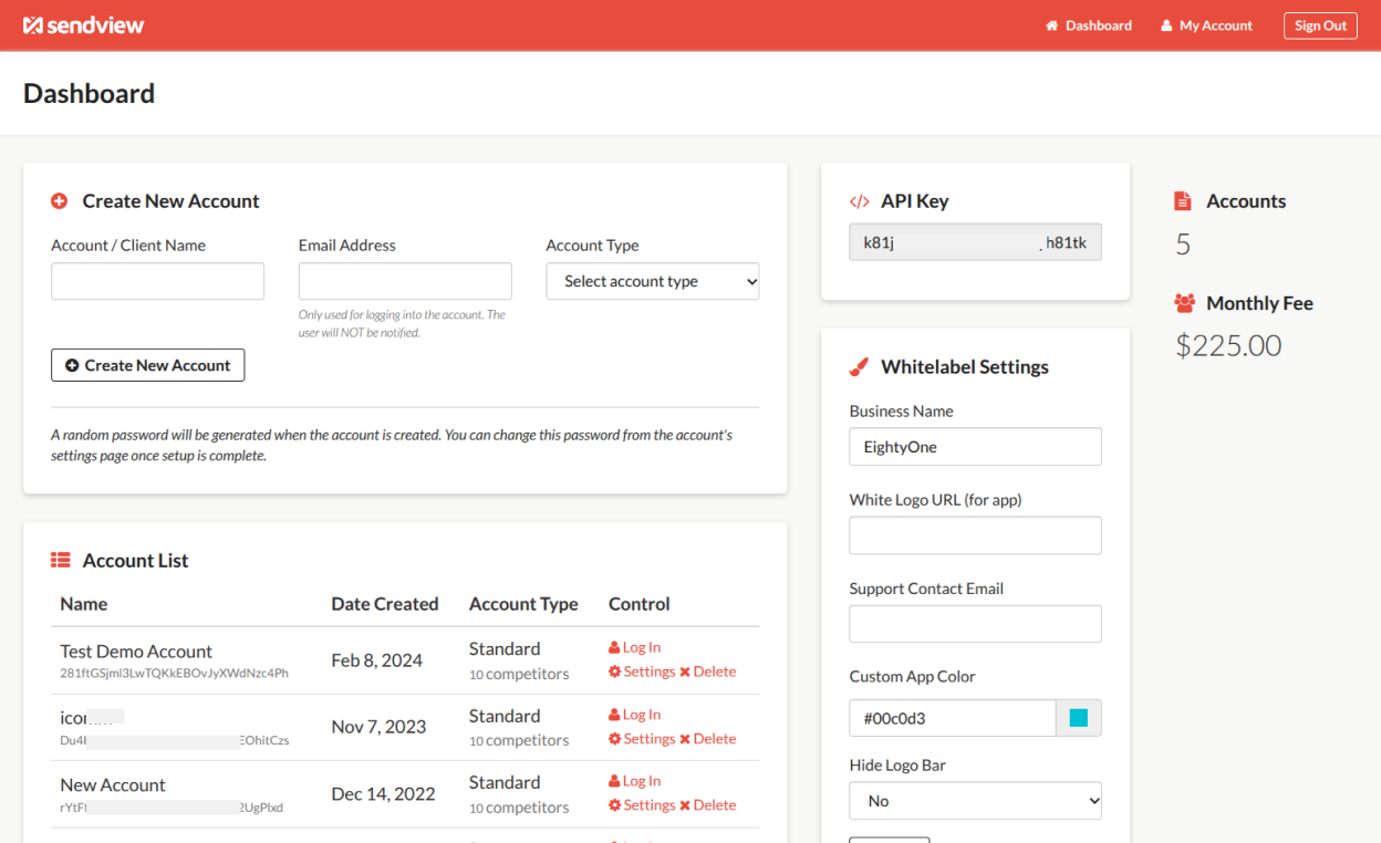screenshot of sendview dashboard for embed users
